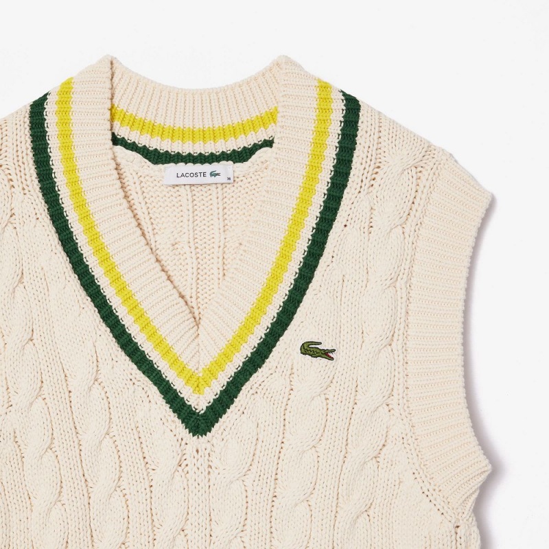 Women's Lacoste Cable Knit Contrast Trim V-Neck Vest Sweater White Green Yellow | ARY485763