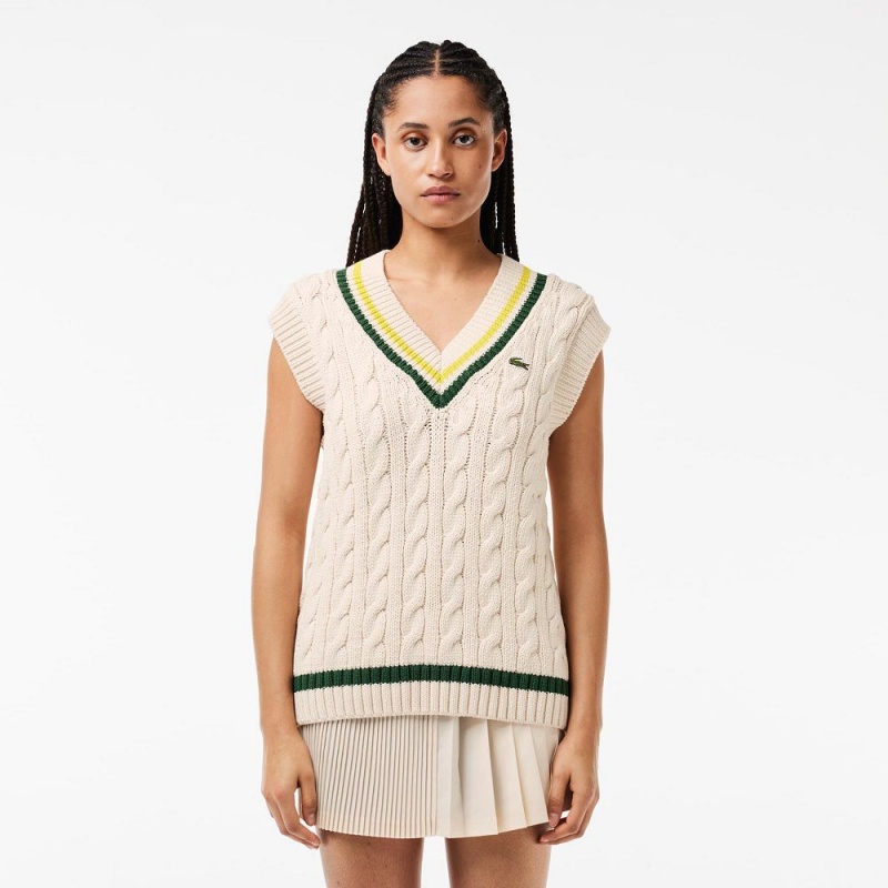 Women\'s Lacoste Cable Knit Contrast Trim V-Neck Vest Sweater White Green Yellow | ARY485763