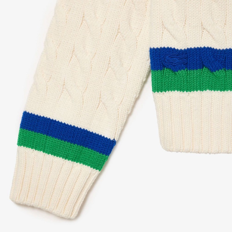 Women's Lacoste Cable Knit Striped Cardigan White Blue Green | NJO493785