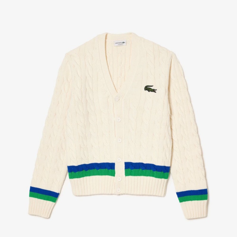 Women\'s Lacoste Cable Knit Striped Cardigan White Blue Green | NJO493785