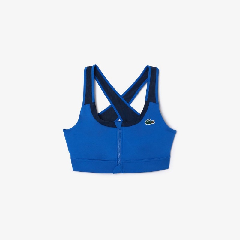 Women's Lacoste Colorblock Zip Sports Bra Blue Navy Blue | ELR217508