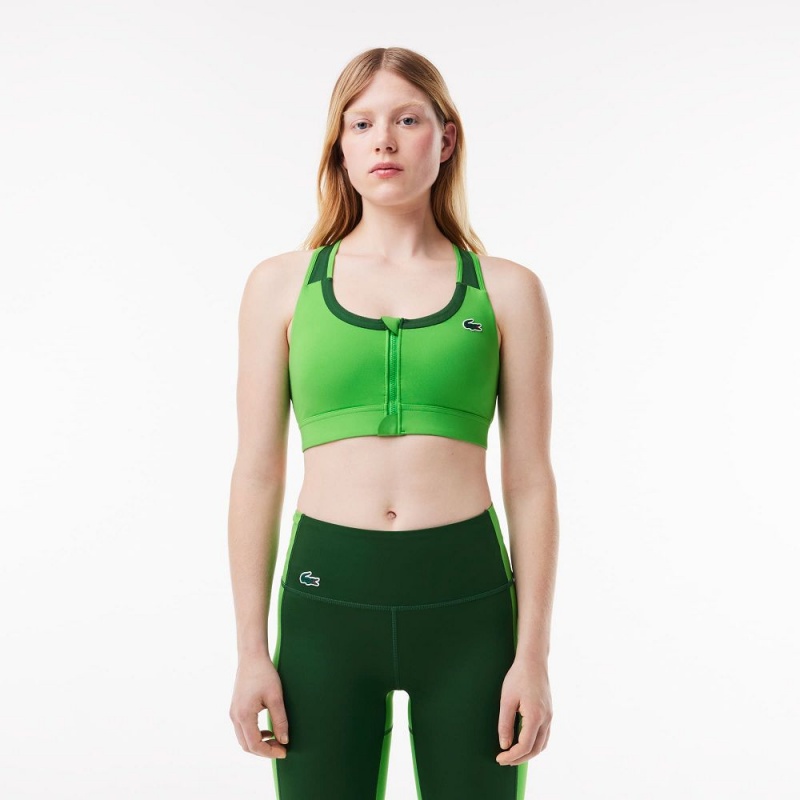 Women\'s Lacoste Colorblock Zip Sports Bra Green | BMD042695