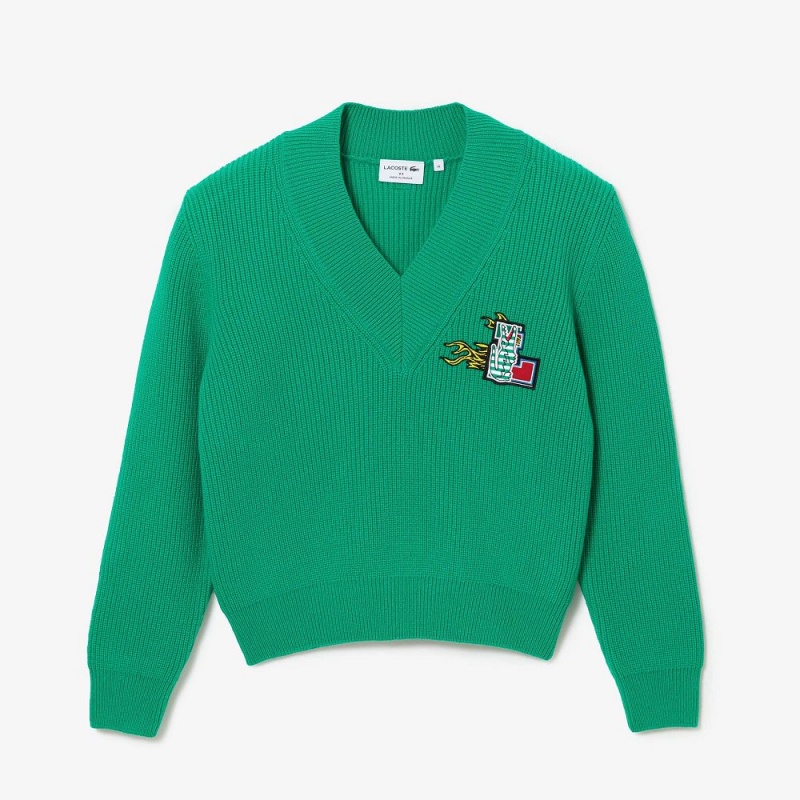 Women's Lacoste Comic Badge V-Neck Wool Sweater Green | ZGX629035