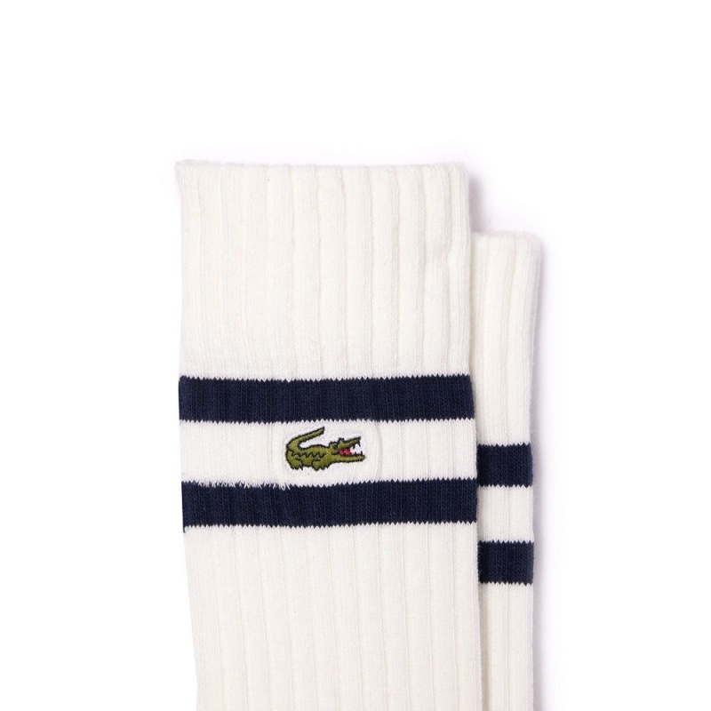 Women's Lacoste Constrast Stripes Ribbed Knit Socks Navy Blue White | SZN451862