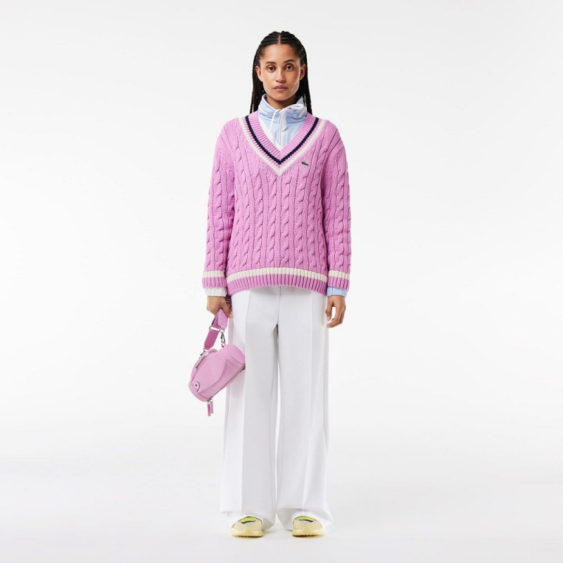 Women's Lacoste Contrast Accent Cable Knit V Neck Sweater Pink White Navy Blue | DZY854612