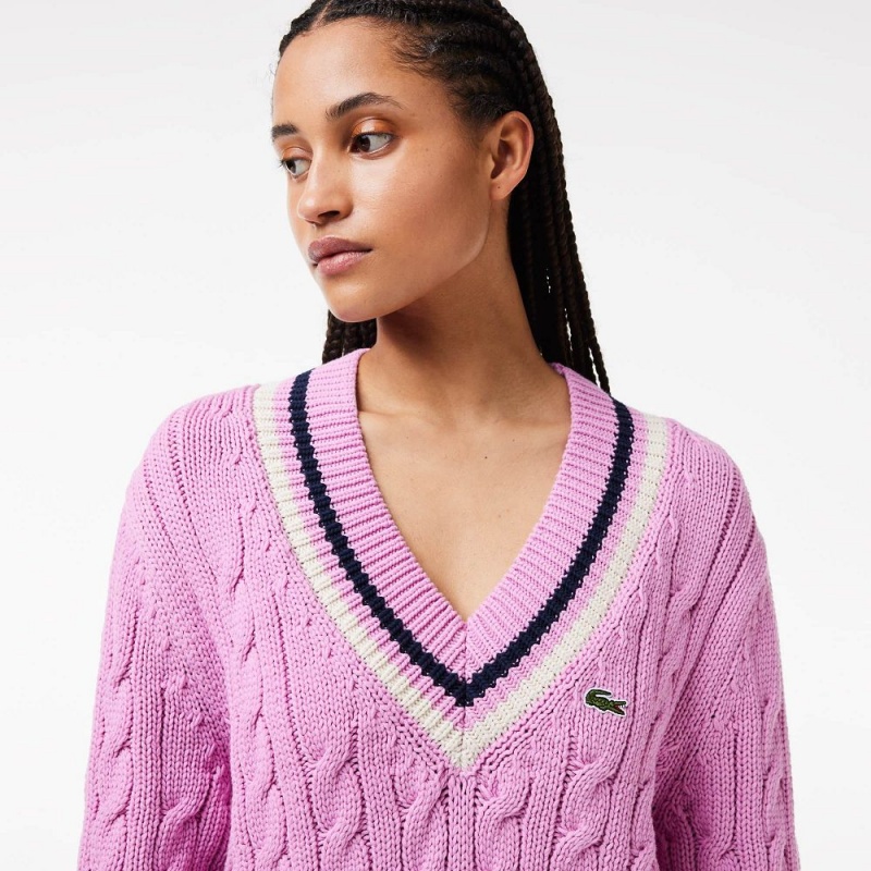 Women's Lacoste Contrast Accent Cable Knit V Neck Sweater Pink White Navy Blue | DZY854612