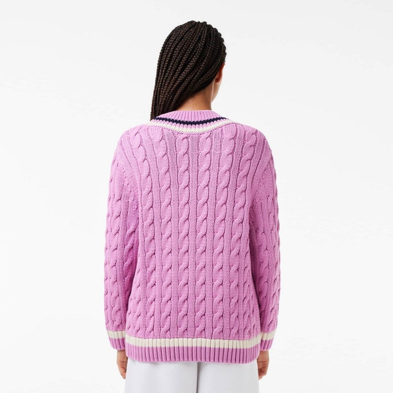 Women's Lacoste Contrast Accent Cable Knit V Neck Sweater Pink White Navy Blue | DZY854612