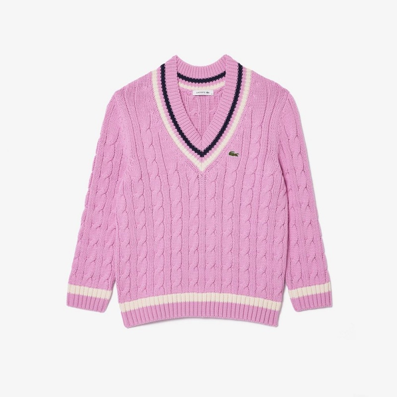 Women's Lacoste Contrast Accent Cable Knit V Neck Sweater Pink White Navy Blue | DZY854612