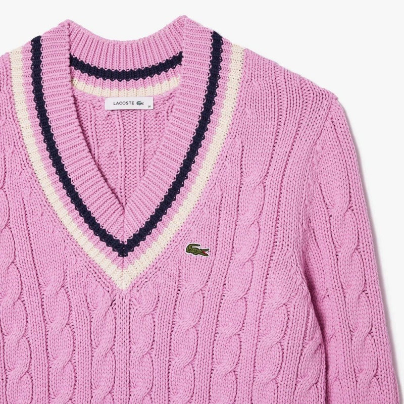 Women's Lacoste Contrast Accent Cable Knit V Neck Sweater Pink White Navy Blue | DZY854612