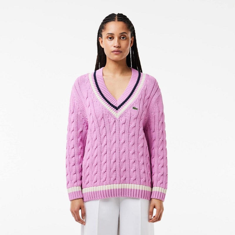 Women\'s Lacoste Contrast Accent Cable Knit V Neck Sweater Pink White Navy Blue | DZY854612