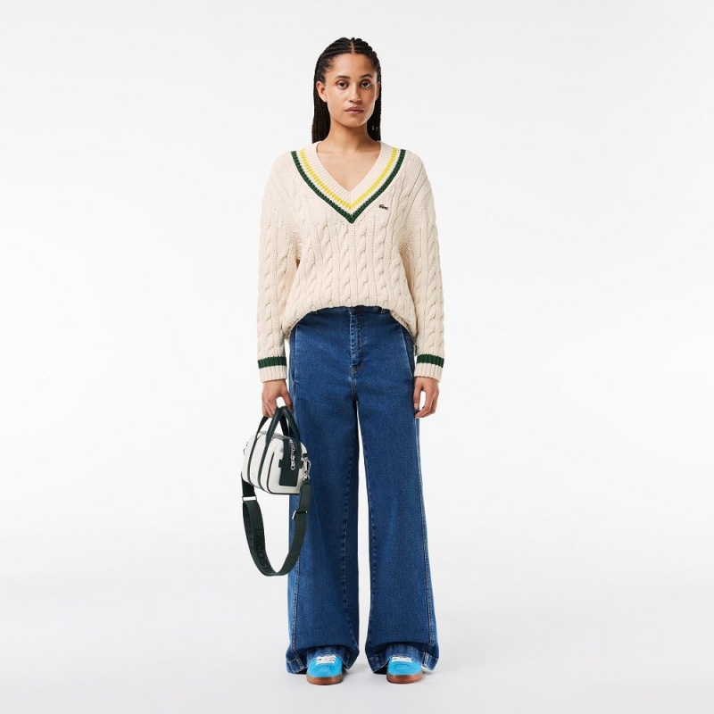 Women's Lacoste Contrast Accent Cable Knit V Neck Sweater White Green Yellow | UGS365042