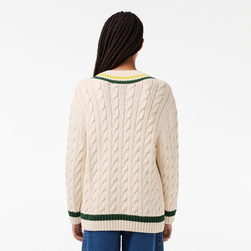 Women's Lacoste Contrast Accent Cable Knit V Neck Sweater White Green Yellow | UGS365042