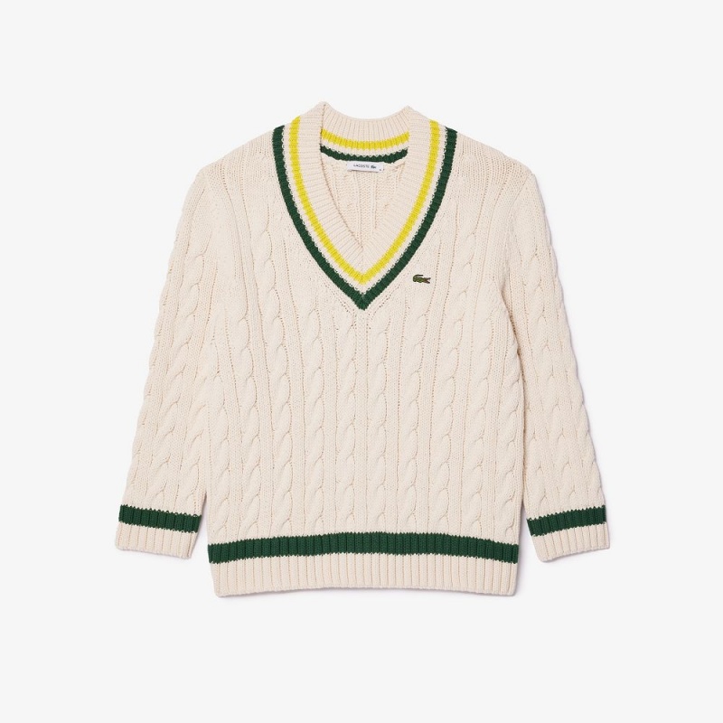 Women's Lacoste Contrast Accent Cable Knit V Neck Sweater White Green Yellow | UGS365042