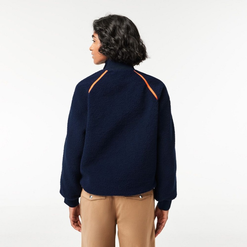 Women's Lacoste Contrast Accent Fleece Sweatshirt Jackets Navy Blue Green White Orange | GEZ021746