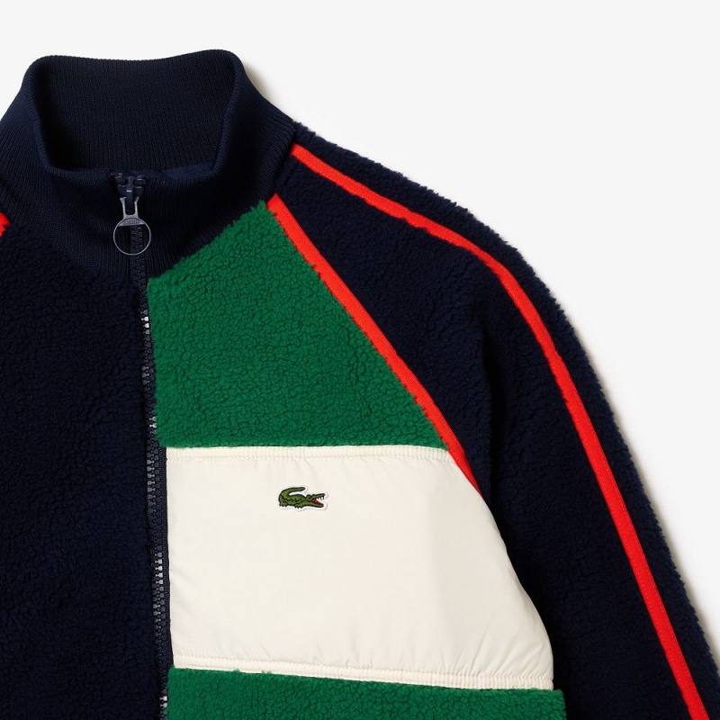 Women's Lacoste Contrast Accent Fleece Sweatshirt Jackets Navy Blue Green White Orange | GEZ021746