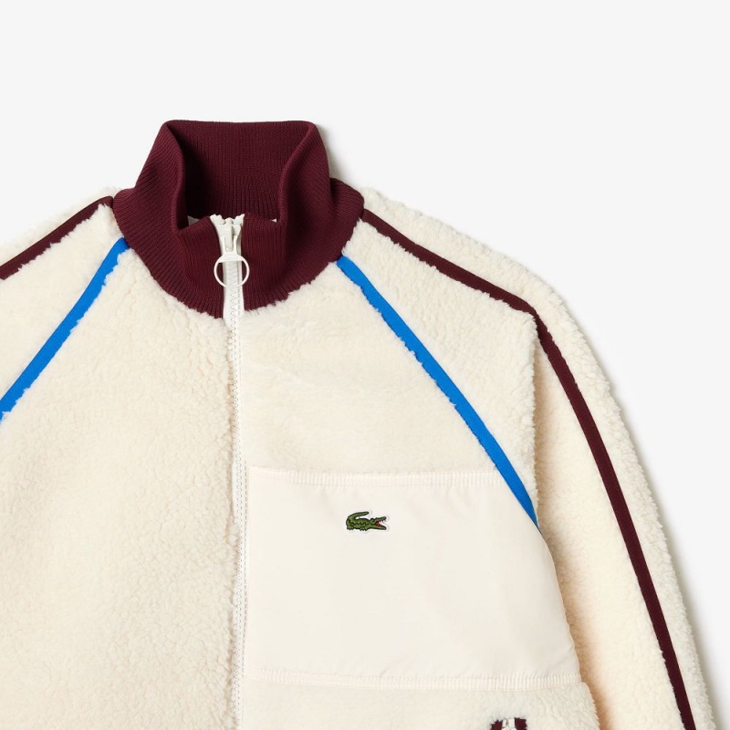 Women's Lacoste Contrast Accent Fleece Sweatshirt Jackets White Bordeaux White Blue Navy Blue | SVE296517