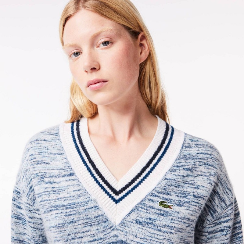 Women's Lacoste Contrast Stripe V-Neck Alpaca Sweater White Navy Blue Blue | OTN059873