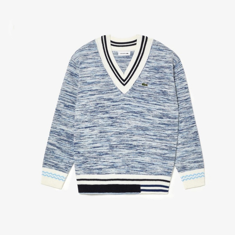 Women's Lacoste Contrast Stripe V-Neck Alpaca Sweater White Navy Blue Blue | OTN059873