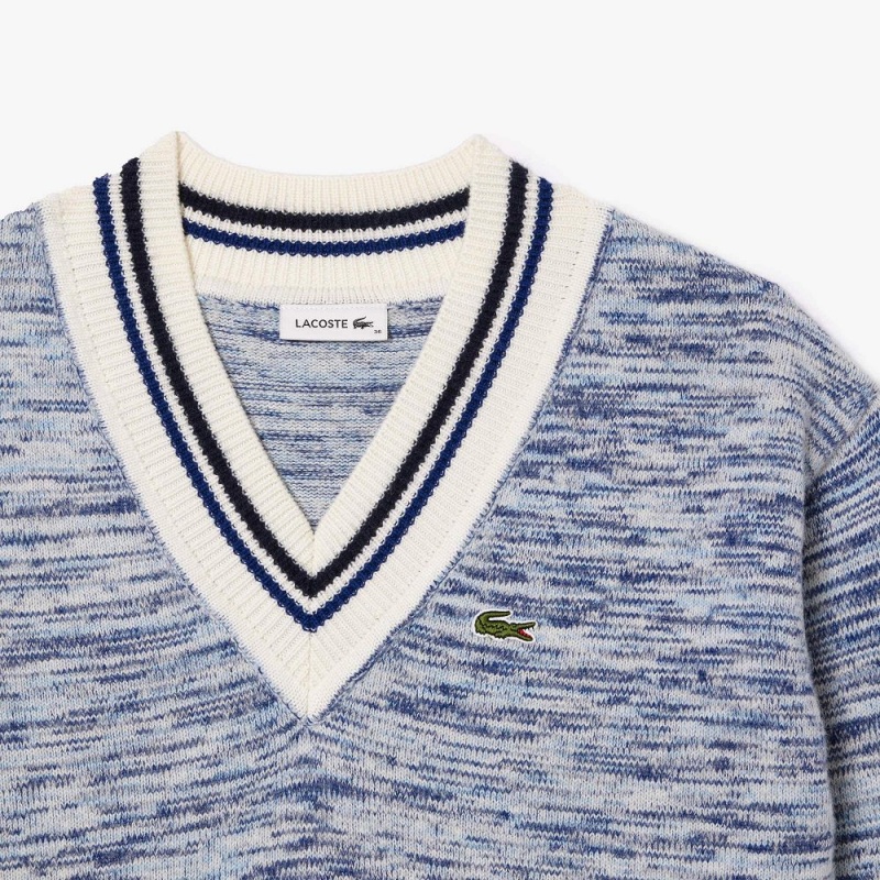 Women's Lacoste Contrast Stripe V-Neck Alpaca Sweater White Navy Blue Blue | OTN059873