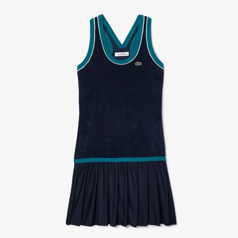 Women's Lacoste Contrast Trim Pleated Skirt Terry Dress Navy Blue | TNW734018