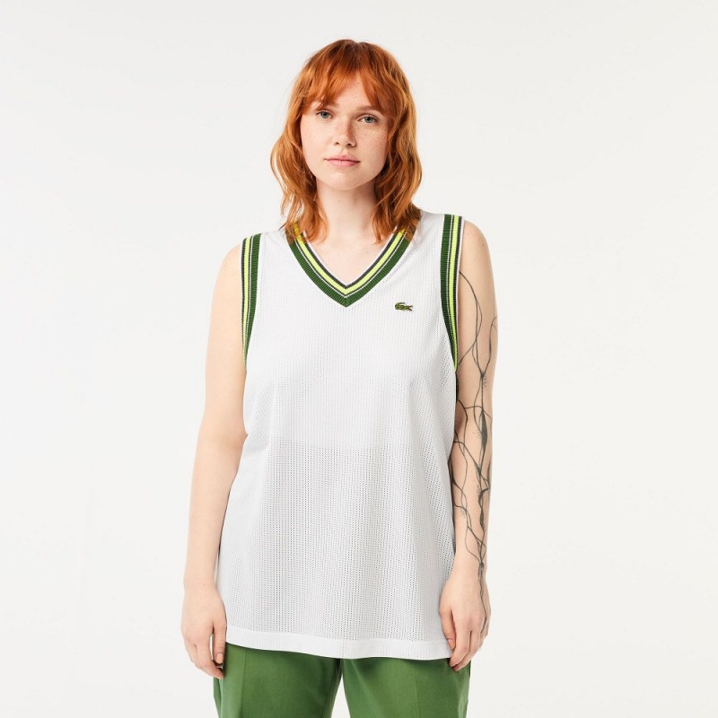 Women's Lacoste Contrast V Neck Tank Top White | VOB102653