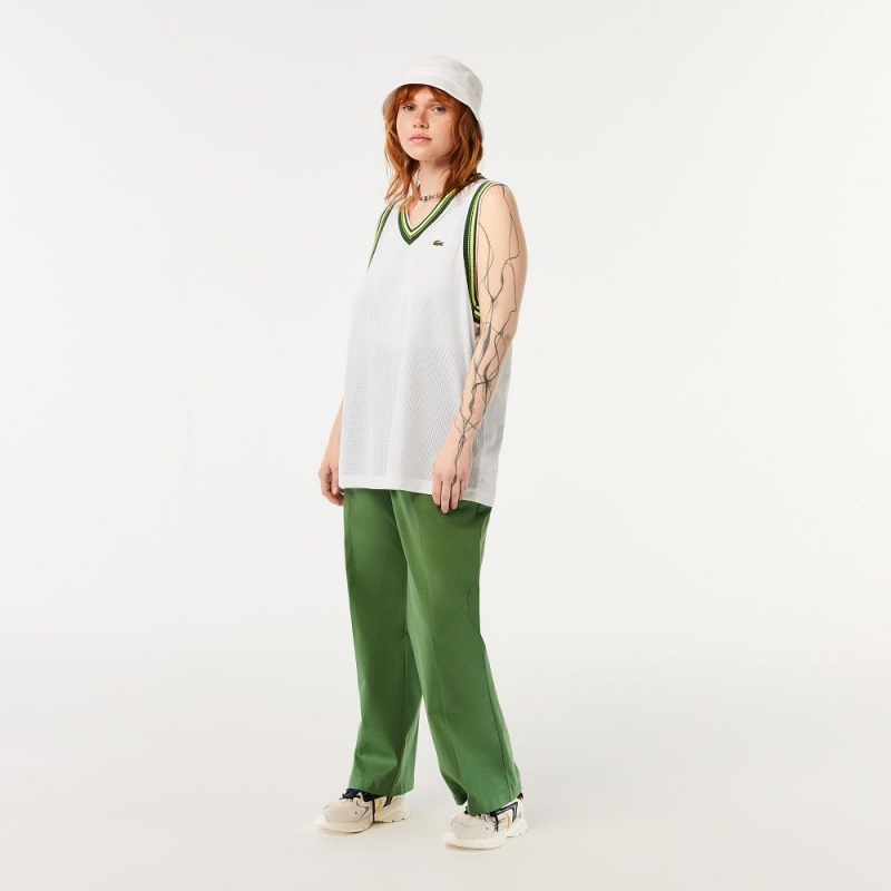 Women's Lacoste Contrast V Neck Tank Top White | VOB102653