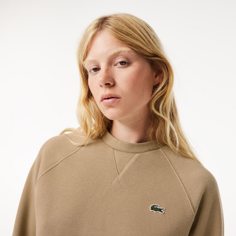 Women's Lacoste Crew Neck Piqué Sweatshirt Beige | JQA867259