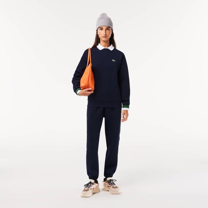 Women's Lacoste Crew Neck Piqué Sweatshirt Navy Blue | KQY980365