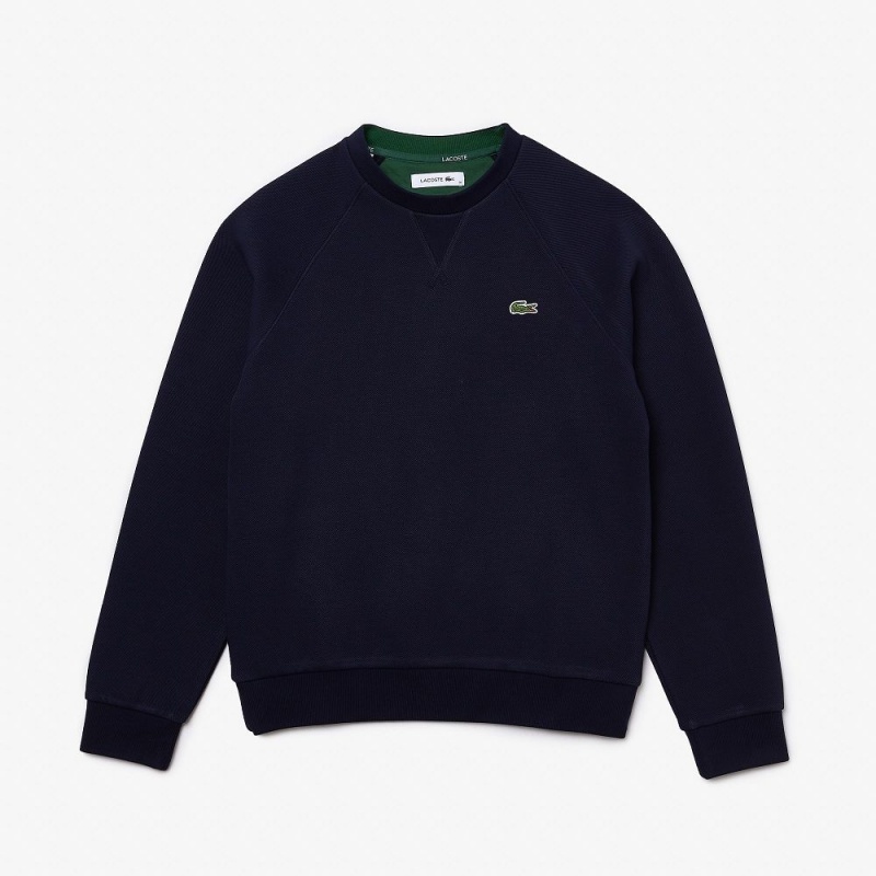 Women's Lacoste Crew Neck Piqué Sweatshirt Navy Blue | KQY980365