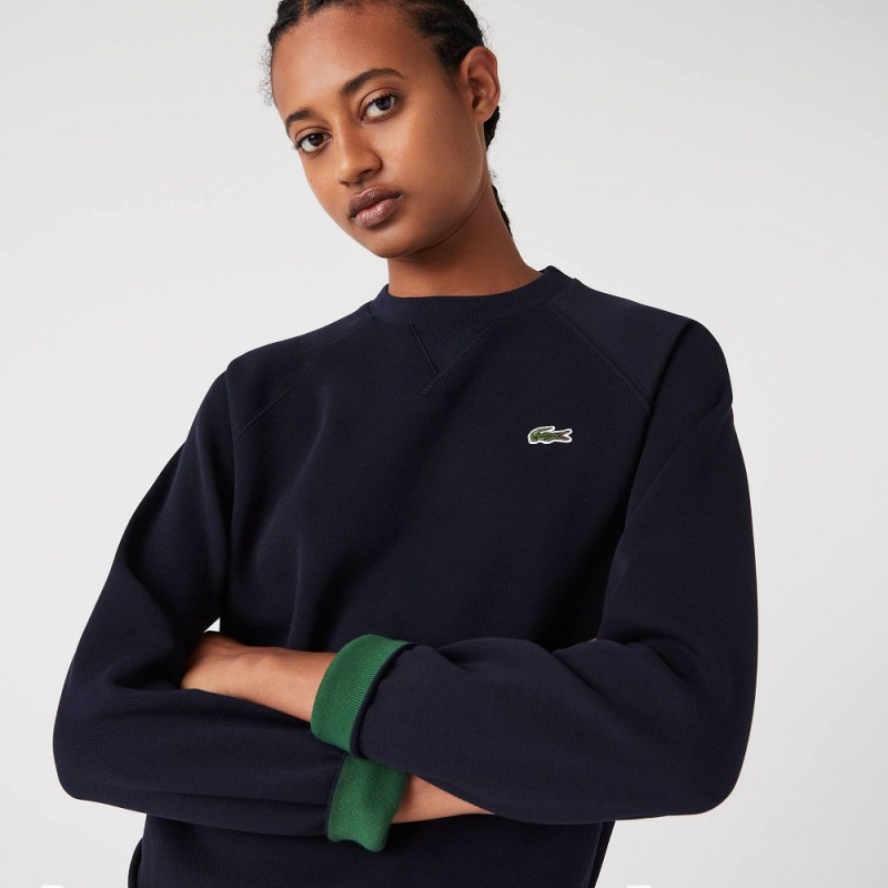 Women's Lacoste Crew Neck Piqué Sweatshirt Navy Blue | KQY980365