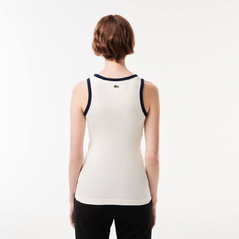 Women's Lacoste Flowing Rib Knit Tennis Badge Tank Top White Navy Blue | OSL319208