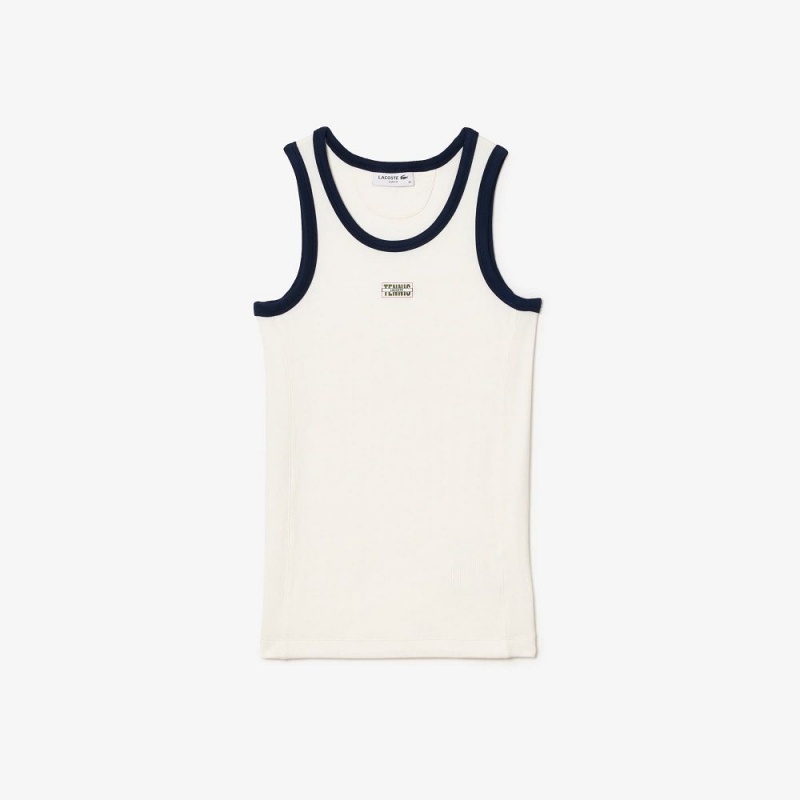 Women's Lacoste Flowing Rib Knit Tennis Badge Tank Top White Navy Blue | OSL319208