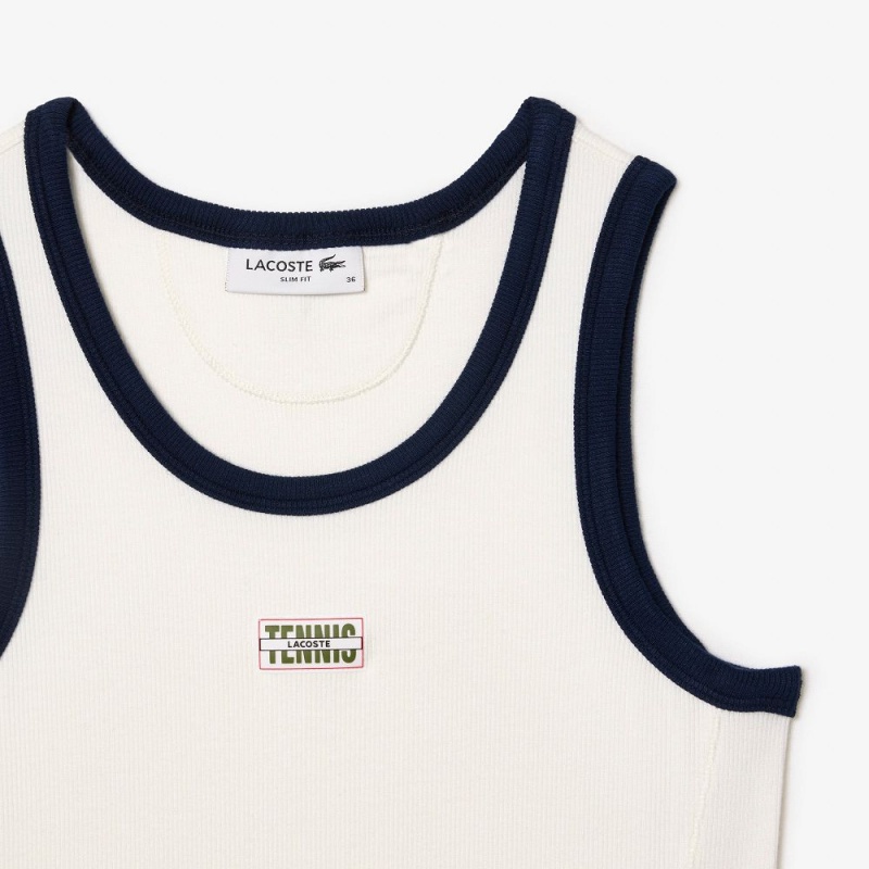 Women's Lacoste Flowing Rib Knit Tennis Badge Tank Top White Navy Blue | OSL319208