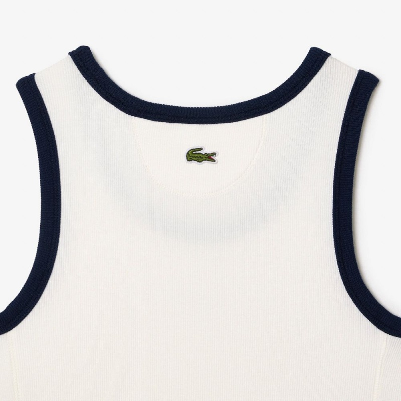 Women's Lacoste Flowing Rib Knit Tennis Badge Tank Top White Navy Blue | OSL319208