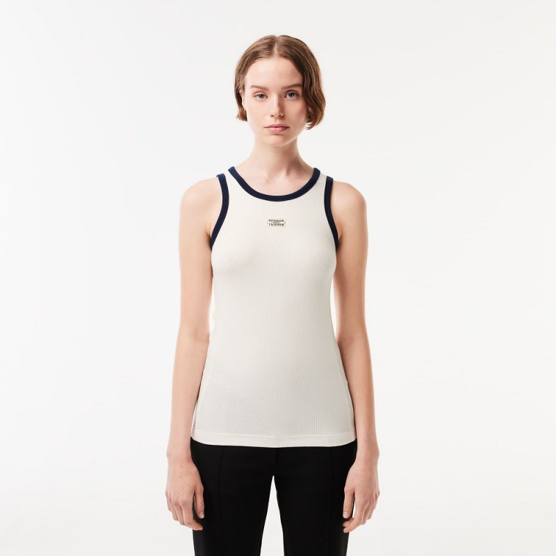 Women\'s Lacoste Flowing Rib Knit Tennis Badge Tank Top White Navy Blue | OSL319208