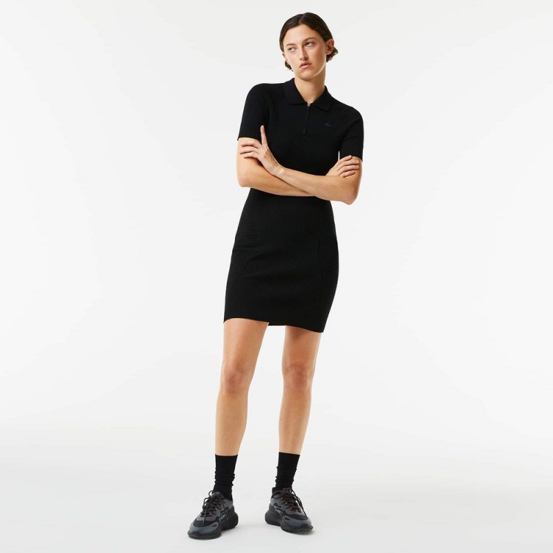 Women's Lacoste Front Zip Knit Dress Black | KRE201394