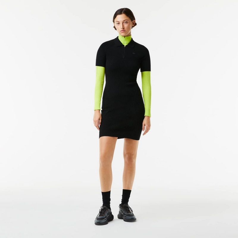 Women\'s Lacoste Front Zip Knit Dress Black | KRE201394