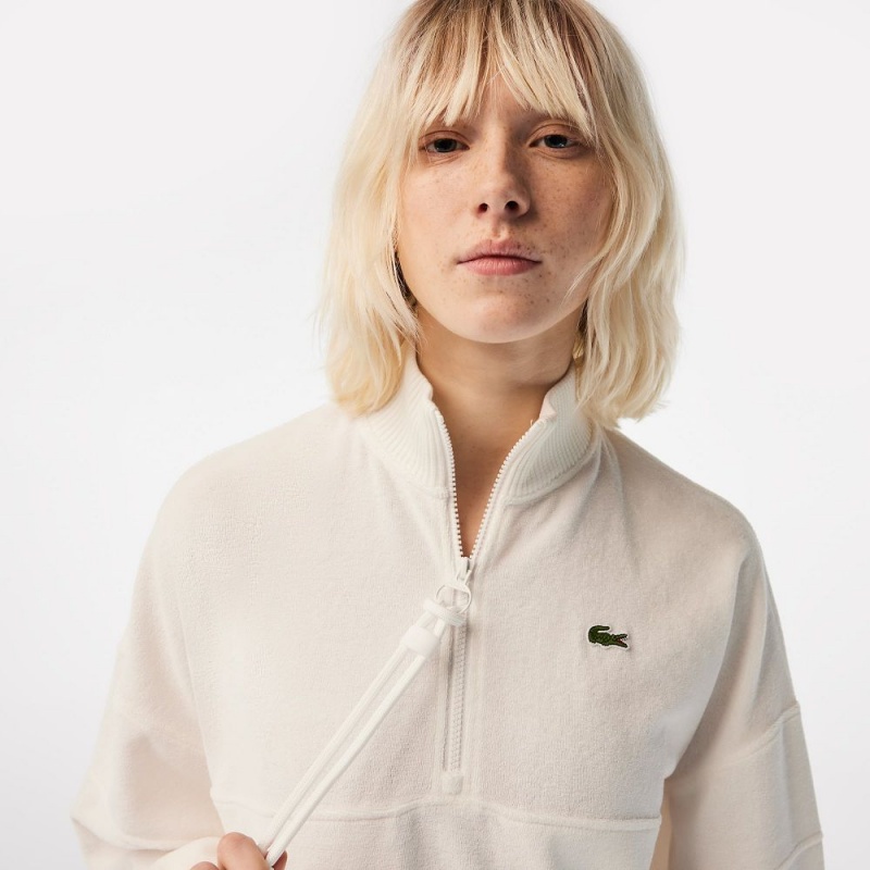 Women's Lacoste High-Neck Terry Cloth Half Zip Sweatshirt White | CAQ391276