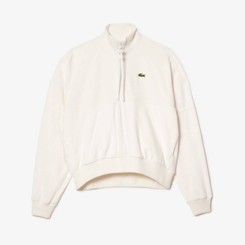 Women's Lacoste High-Neck Terry Cloth Half Zip Sweatshirt White | CAQ391276