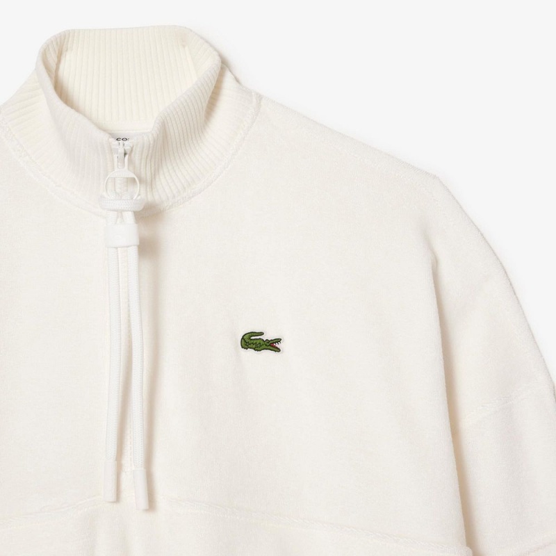 Women's Lacoste High-Neck Terry Cloth Half Zip Sweatshirt White | CAQ391276