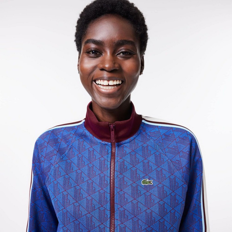 Women's Lacoste High-Neck Zip-Up Jacquard Monogram Sweatshirt Blue Bordeaux | GSC047628