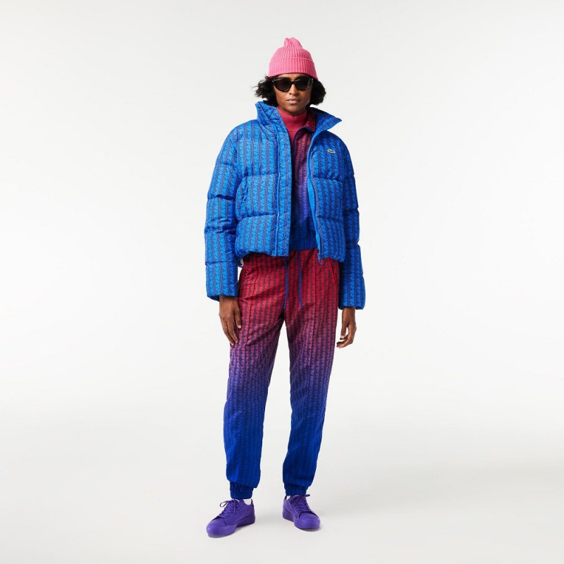 Women's Lacoste Hooded Monogram Print Puffer with Puffed Croc Jackets Blue Bordeaux | HIA186240