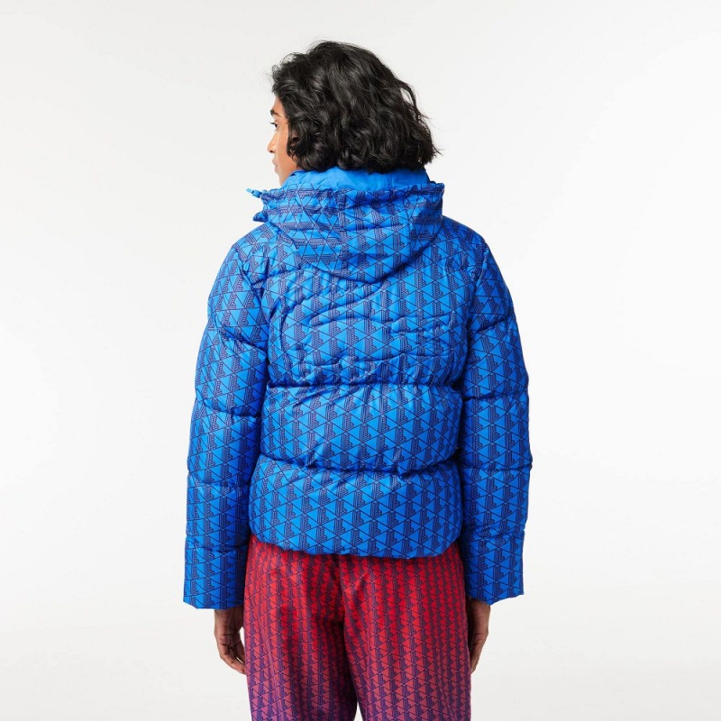 Women's Lacoste Hooded Monogram Print Puffer with Puffed Croc Jackets Blue Bordeaux | HIA186240