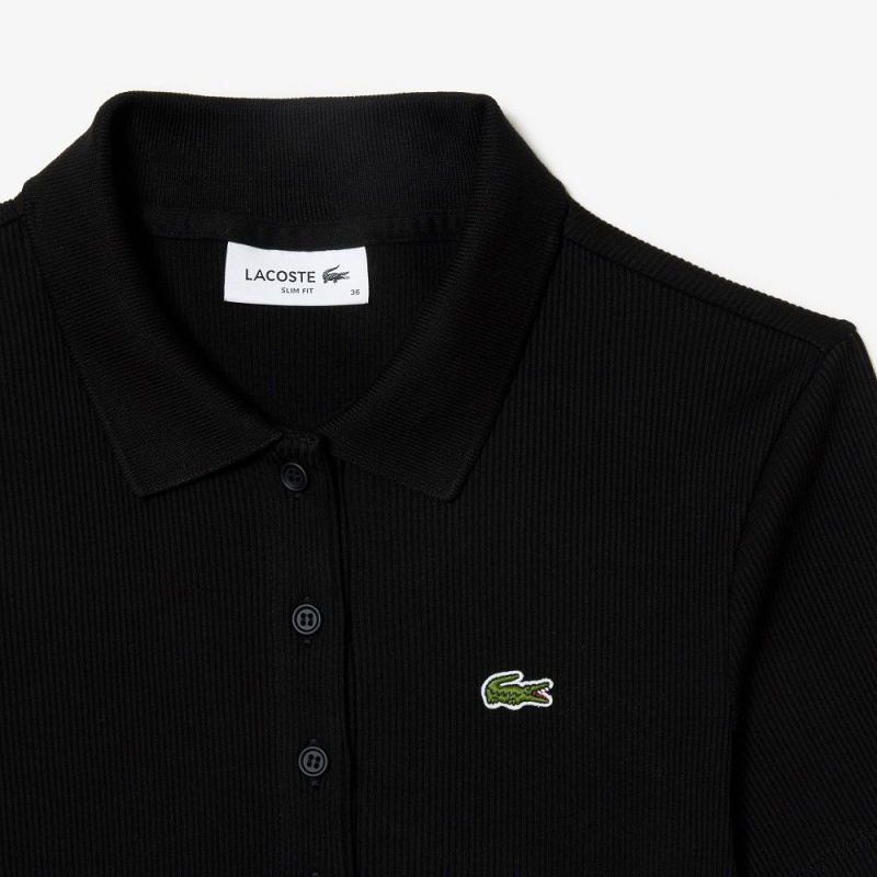 Women's Lacoste L.12.D Slim Fit Ribbed Cotton Polo Shirts Black | GML613409