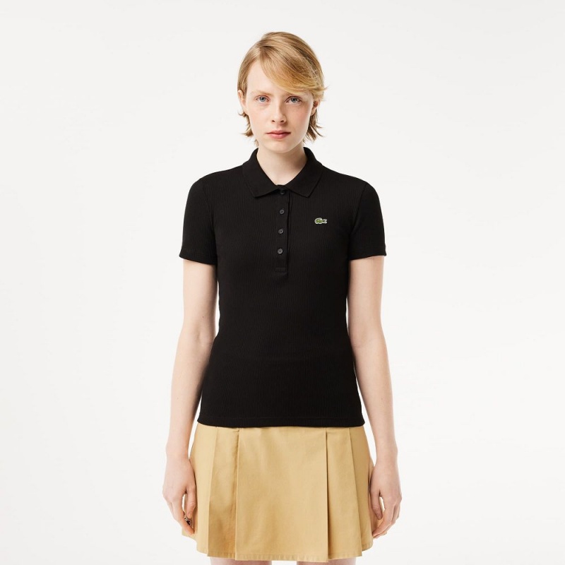 Women\'s Lacoste L.12.D Slim Fit Ribbed Cotton Polo Shirts Black | GML613409