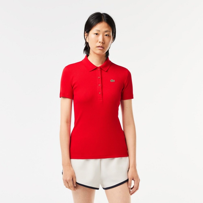 Women\'s Lacoste L.12.D Slim Fit Ribbed Cotton Polo Shirts Red | PRH501269