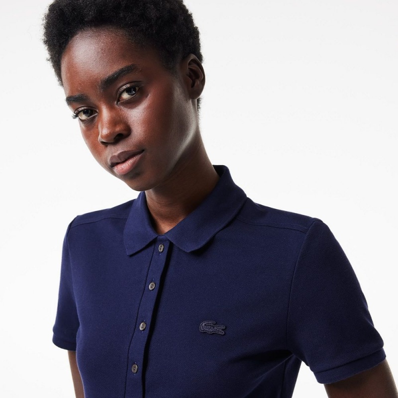 Women's Lacoste L.12.D Slim Fit Stretch Mini Piqué Polo Shirts Navy Blue | AWH748052