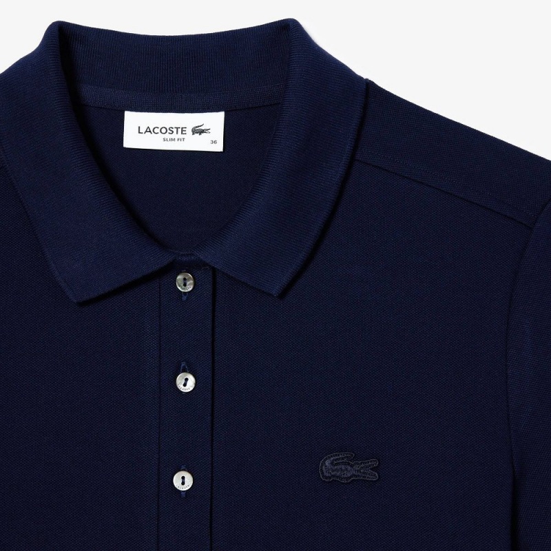 Women's Lacoste L.12.D Slim Fit Stretch Mini Piqué Polo Shirts Navy Blue | AWH748052