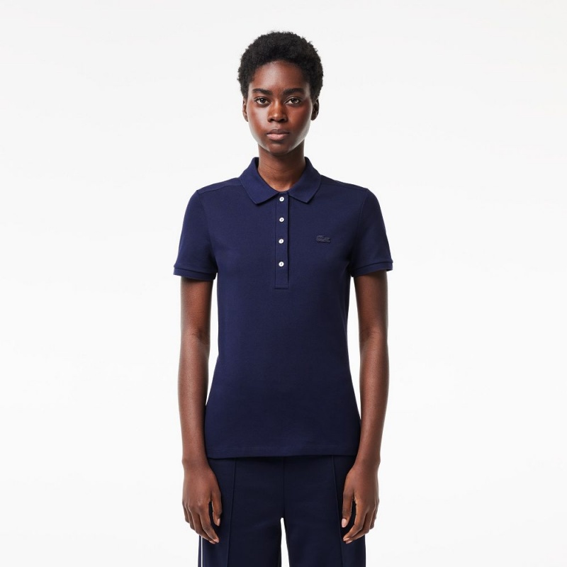 Women\'s Lacoste L.12.D Slim Fit Stretch Mini Piqué Polo Shirts Navy Blue | AWH748052