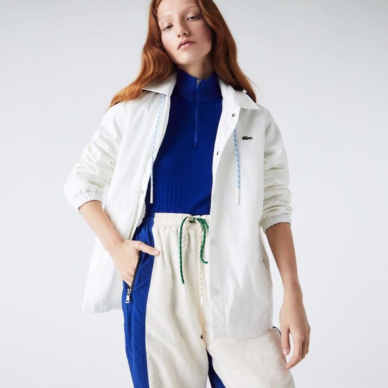 Women's Lacoste LIVE Contrast Hood Buttoned Jackets White Blue | ILA195346